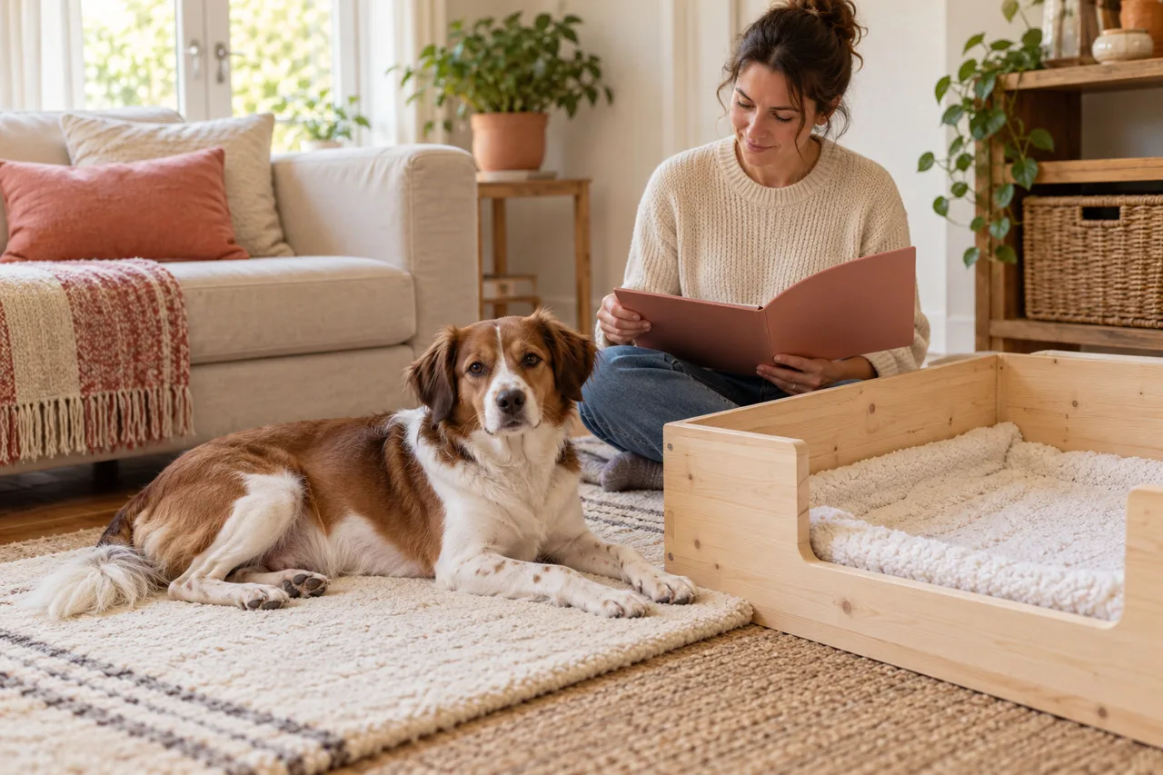 Adult brown-and-white dog resting beside an owner and an empty prepared whelping area