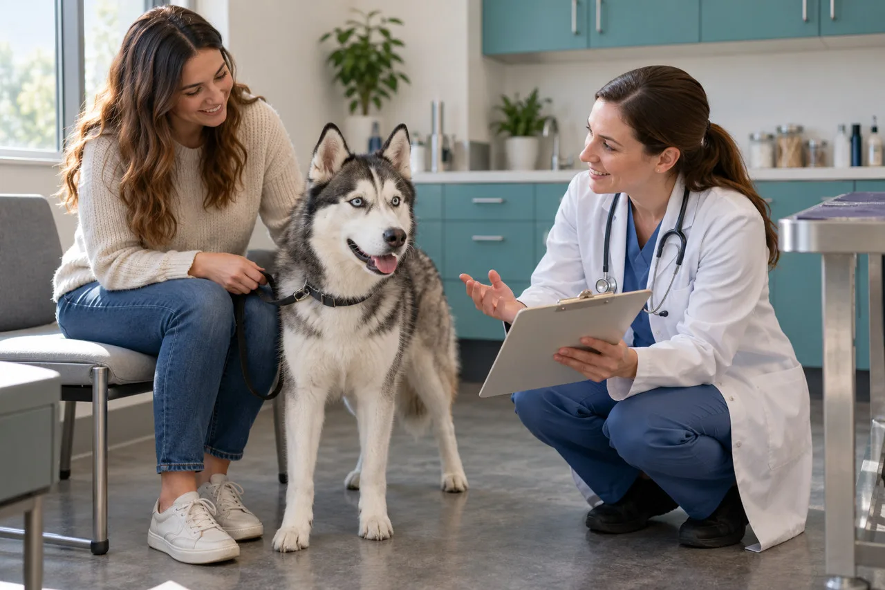 Veterinarian discussing a folder beside an owner and a gray-and-white dog